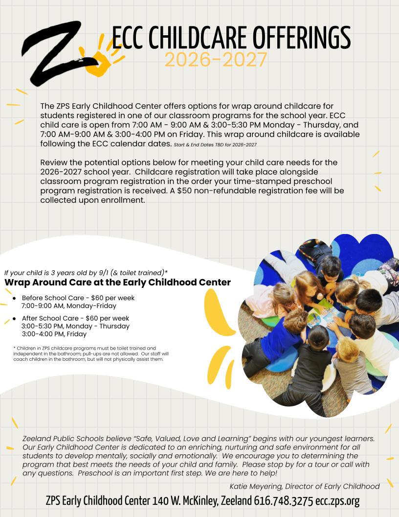 This image includes details on the ECC wrap around childcare program offerings and costs.  Please call 616.748.3275 for complete details.