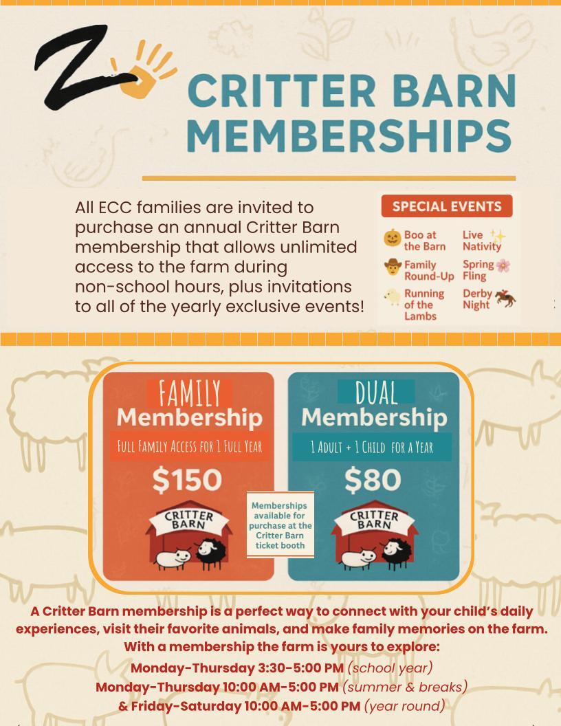 This image shows the membership options for families to enjoy the Critter Barn throughout the school year. Please call our office at 748-3275 for more information.