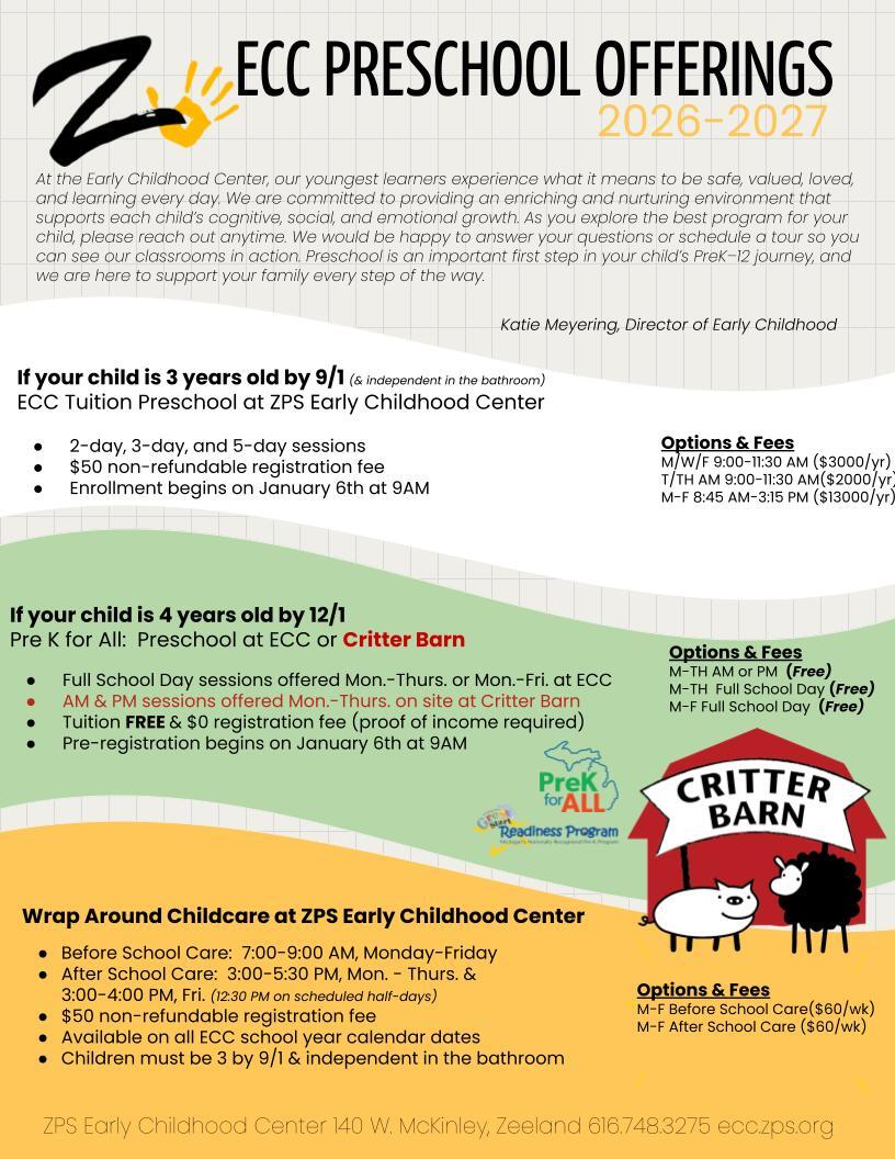 This image includes details on the ECC preschool programs and wrap around childcare program offerings and costs. Please call 616.748.3275 for complete details.