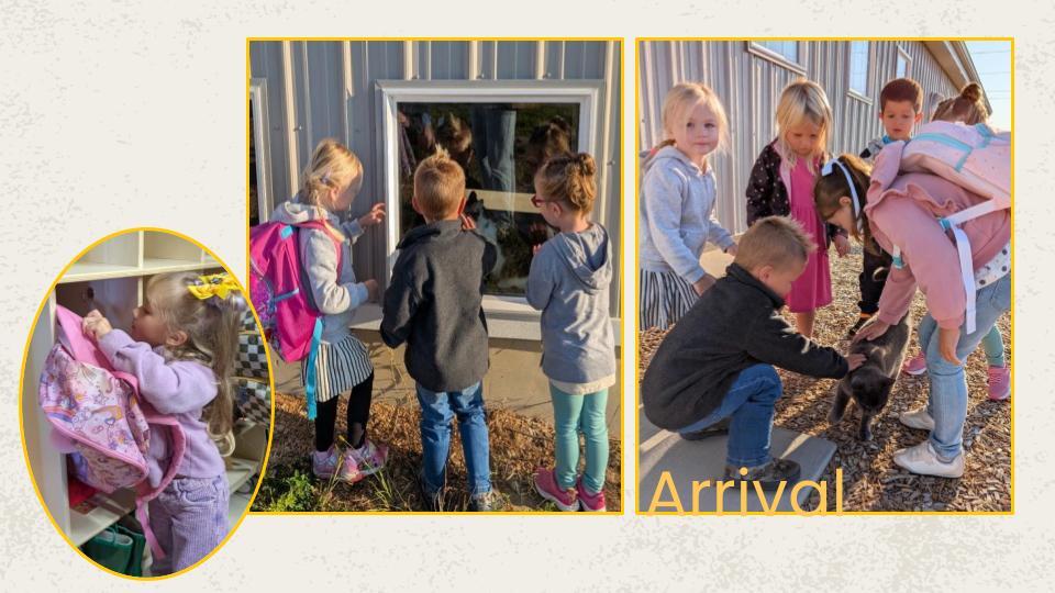Pictures of many children during arrival time at farm school