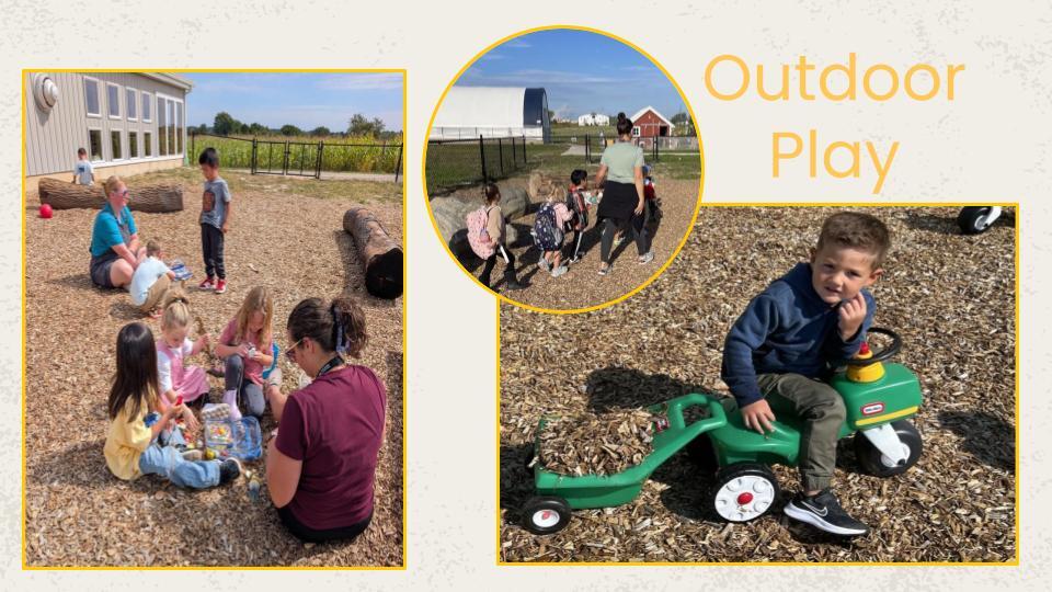 pictures of children playing in the outdoor nature scape area at the farm school