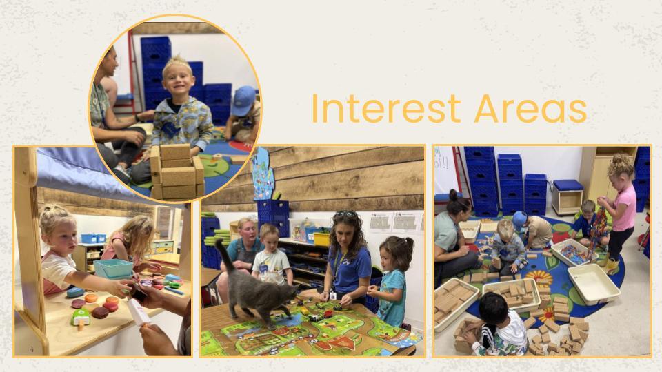Pictures of student engaging in interest areas in the indoor classroom space at the farm school